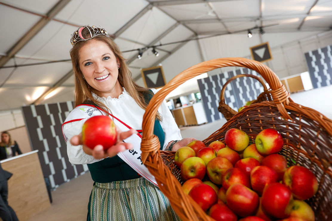 Die Thurgauer Apfelkönigin verteilt frisches Obst für den Nachhauseweg.